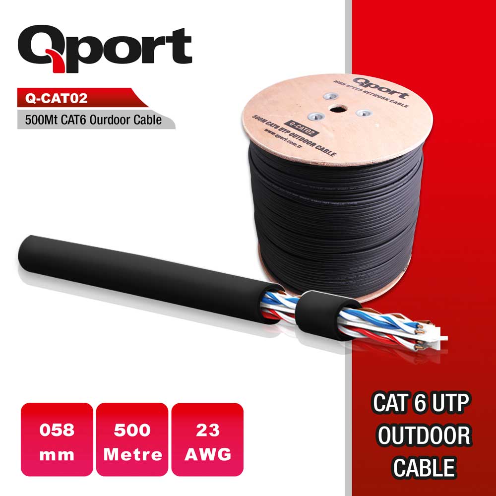 QPORT Q-CAT02 500MT UTP CAT6 OUTDOOR NETWORK KABLO SIYAH 23AWG 0.58MM 