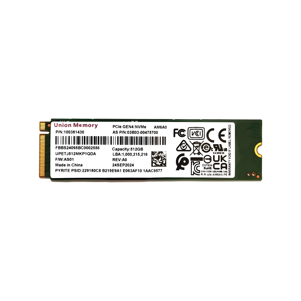 UNION 03B03-00477500 512GB 3470/3000MB/s M.2 2280 PCIe NVME SSD BULK