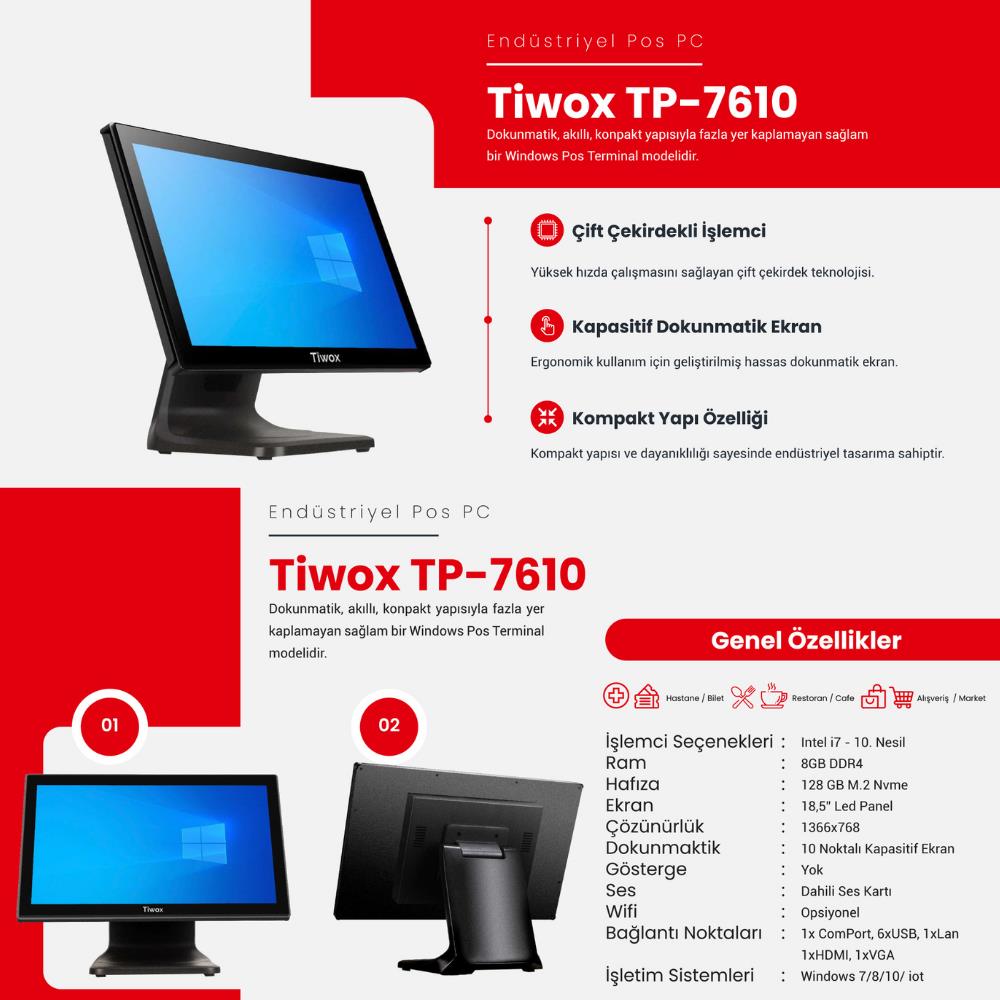 TIWOX TP-7610 I7 10.GEN 8GB/128GB SSD 18.5" ENDÜSTRİYEL POS PC