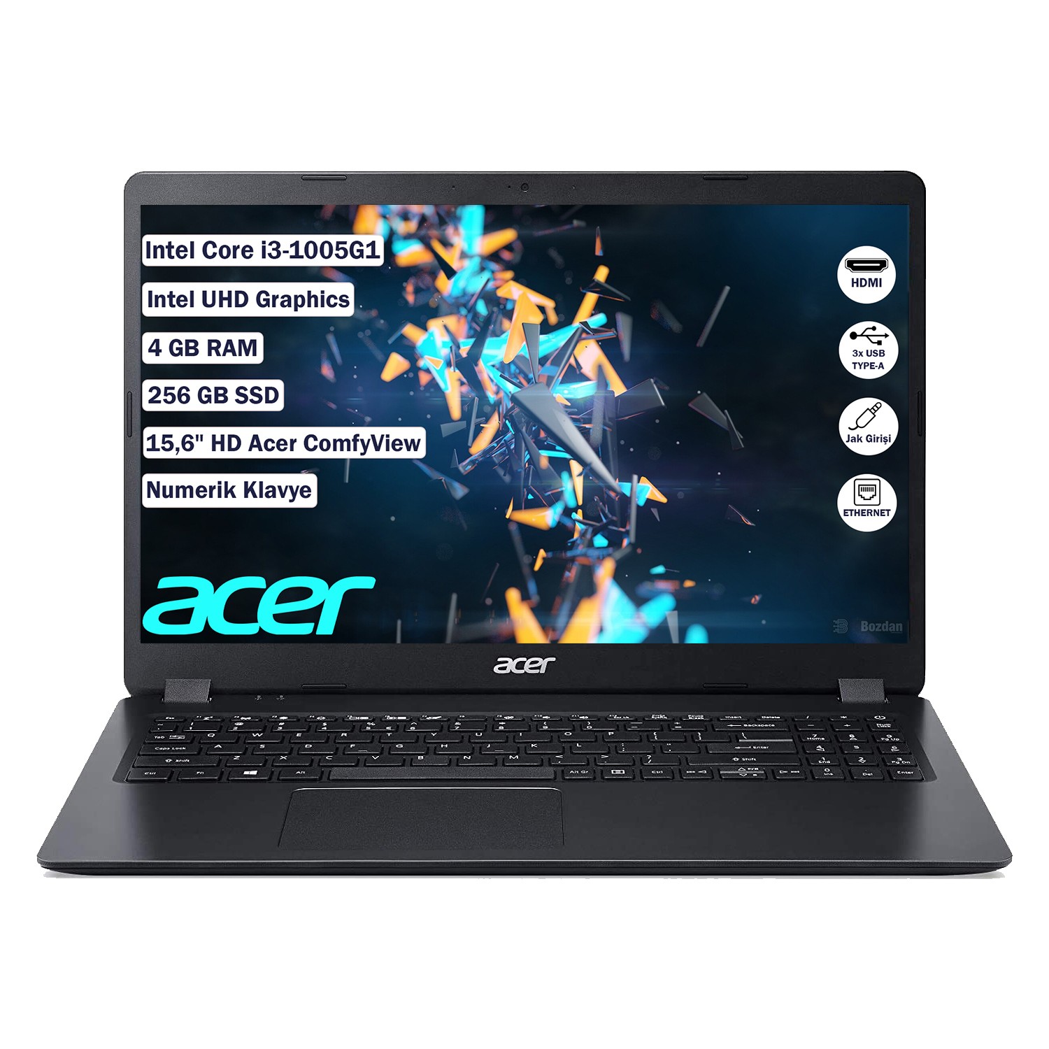 ACER EX215-52 NX.EG8EY.001 I3-1005G1 4GB 256GB SSD O/B VGA 15.6" FREEDOS SİYAH NOTEBOOK