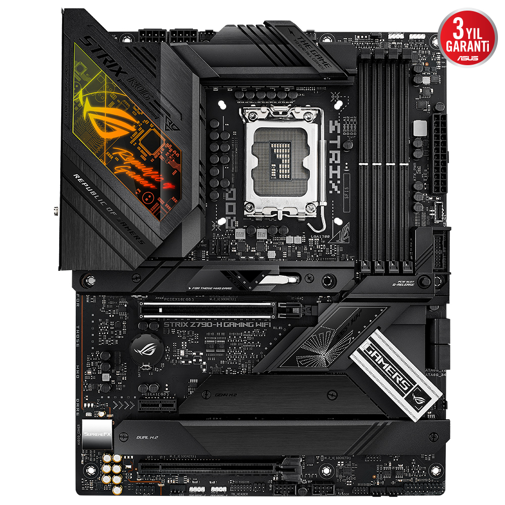 ASUS ROG STRIX Z790-H GAMING WIFI INTEL Z790 LGA1700 DDR5 7800 DP HDMI 4x M2 USB3.2 WiFi 6E-BT AURA RGB 2.5Gbit LAN ATX 16+1 GUC ASAMASI PCIe SlLOT Q-RELEASE ARTTIRILMIS M2 SOGUTMA