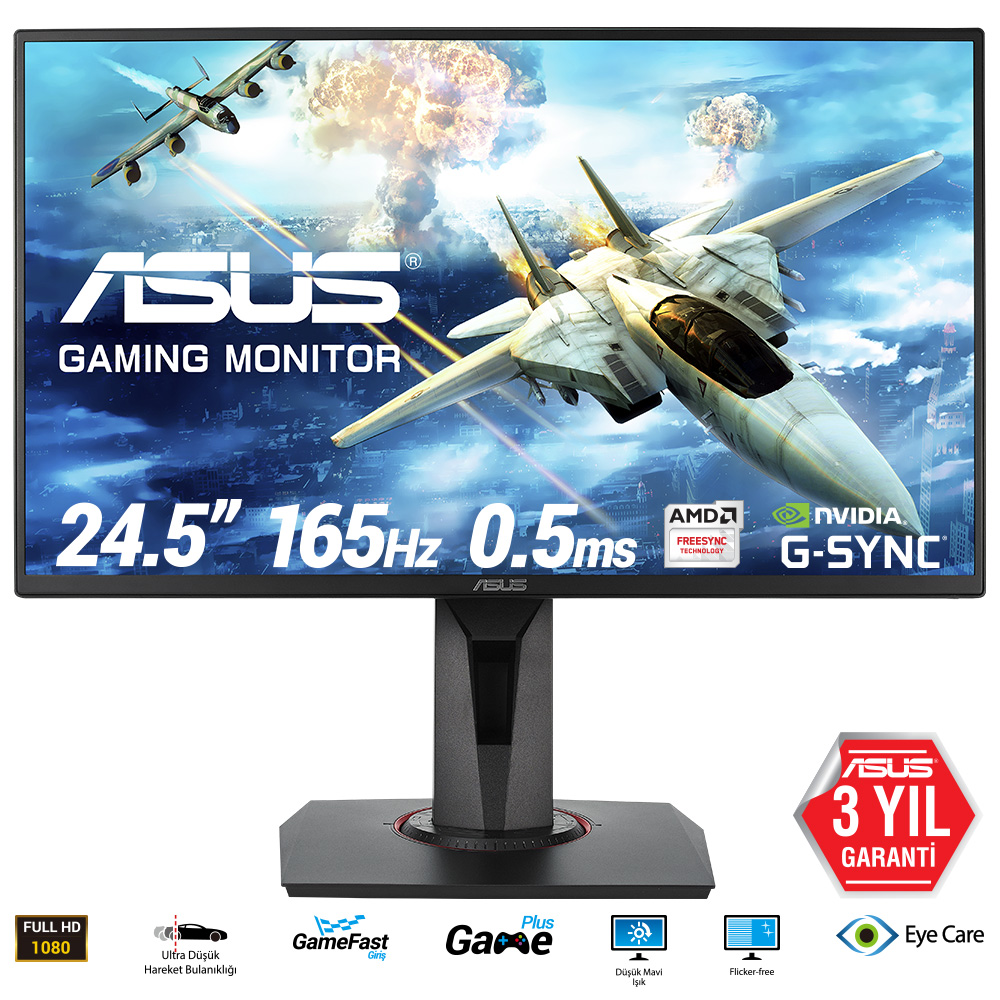 ASUS GAMING LED VG258QR 24.5" 0.5MS 165HZ 1920x1080 DP HDMI DVI MM FREESYNC VE G-SYNC UYUMLU VESA/PIVOT EYECARE FLICKER-FREE GAMING MONİTÖR