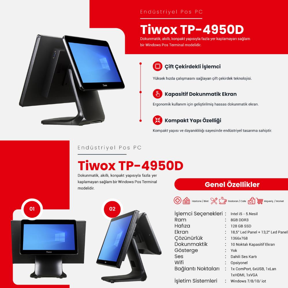 TIWOX TP-4950D I5 8GB RAM 128GB SSD 18.5"   13.3" 2.EKRAN ENDÜSTRİYEL POS PC