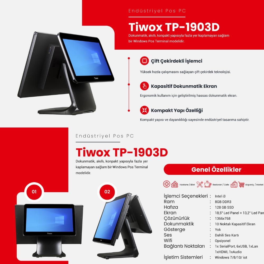 TIWOX TP-1903D I3 8GB RAM 128GB SSD 18.5" + 13.3" 2.EKRAN ENDÜSTRİYEL POS PC